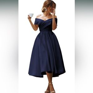 New Navy Blue Off Shoulder Satin Formal Tea Dress size 6